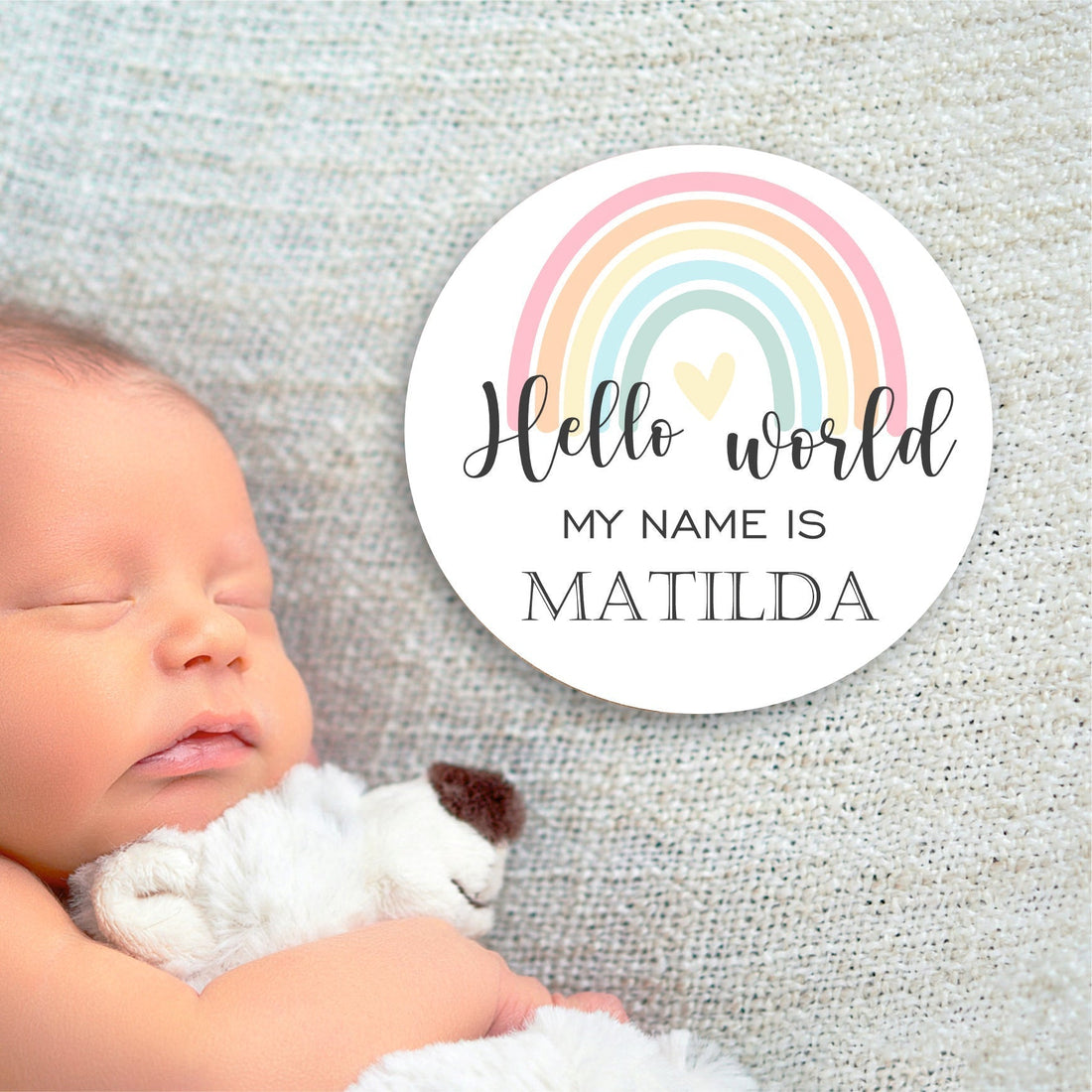 Baby Name Sign | Hello World My Name Is Sign l Rainbow Baby Name Plaque | Birth Announcement | New Baby Gift | Social Media Photo Prop Disc