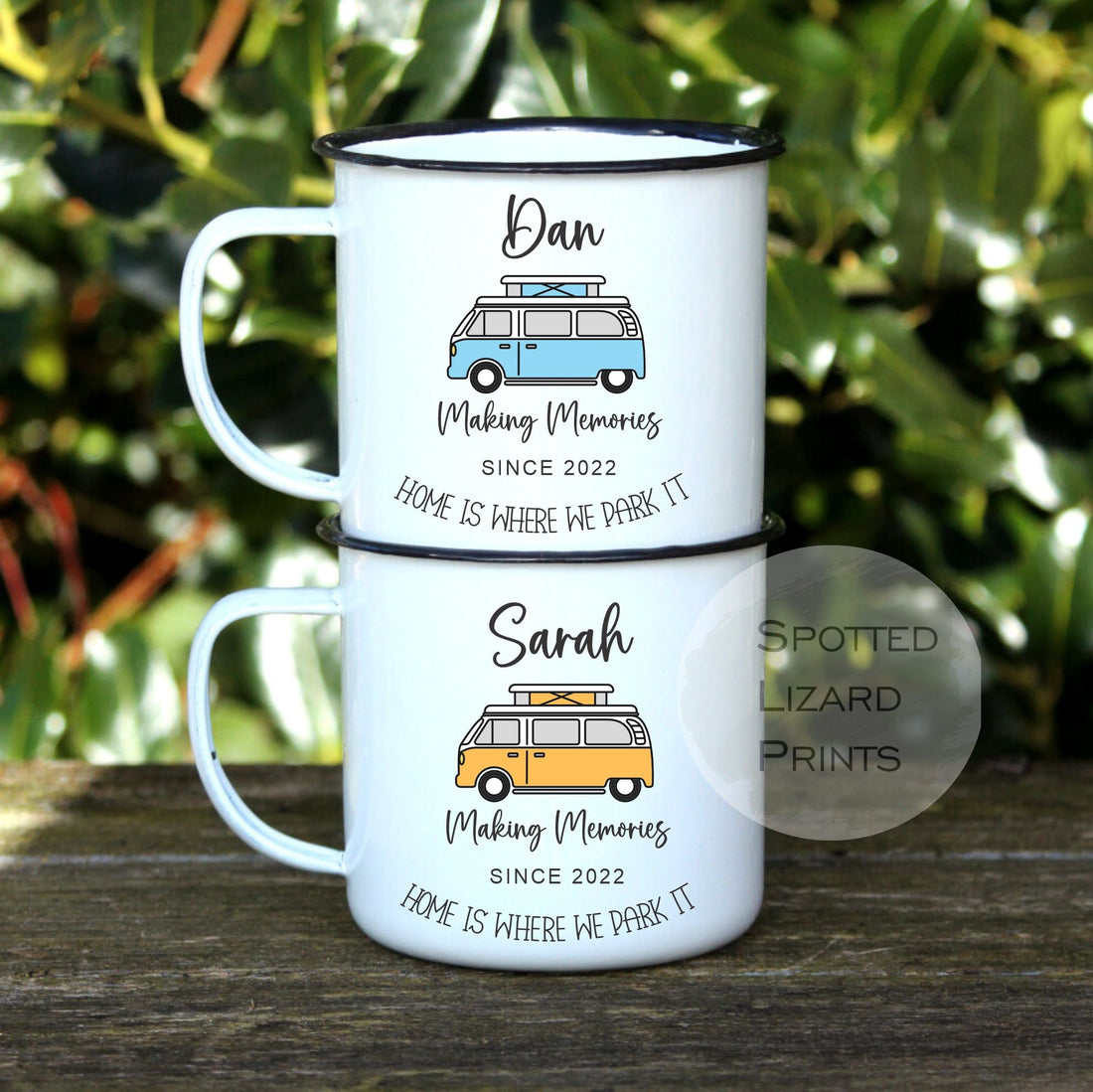 Personalised Camping Mugs. White enamel Mug with campervans. Personalised with a name.