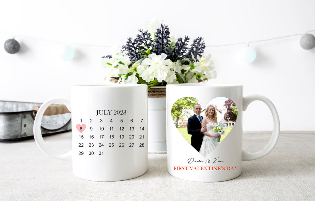 Personalised white ceramic valentines Day Mug. Personalised with a name and anniversary date