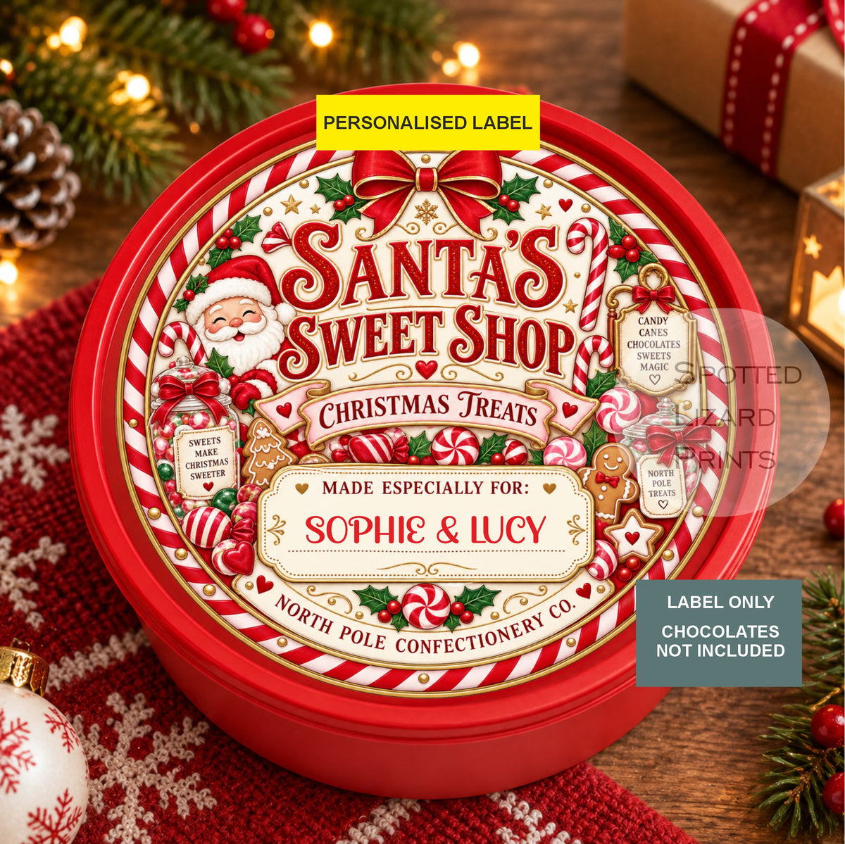 Personalised Santa's Sweet Shop Christmas Chocolate Tin Label | Christmas Eve Box Gift | Kids Xmas Treat | Santa Sweet Shop Sticker