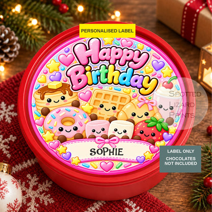 Personalised Birthday Chocolate Tin Label | SquishyHappy Birthday Sweet Tin Sticker | Girls Birthday Gift | Kawaii Birthday Treat Label