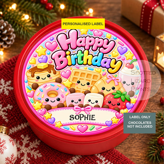 Personalised Birthday Chocolate Tin Label | SquishyHappy Birthday Sweet Tin Sticker | Girls Birthday Gift | Kawaii Birthday Treat Label