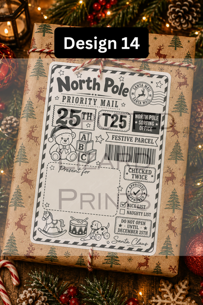 Personalised Christmas Gift Labels | North Pole Priority Mail Parcel Stickers | Blank or Custom Name Christmas Present Labels