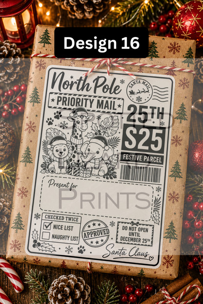 Personalised Christmas Gift Labels | North Pole Priority Mail Parcel Stickers | Blank or Custom Name Christmas Present Labels