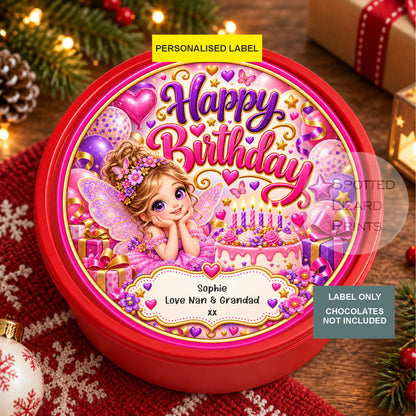 Personalised Fairy Birthday Chocolate or Sweet Tub Label | Pink & Purple Magical Fairy Birthday Gift | Custom Name & Message