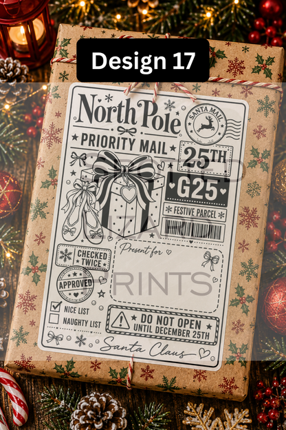 Personalised Christmas Gift Labels | North Pole Priority Mail Parcel Stickers | Blank or Custom Name Christmas Present Labels
