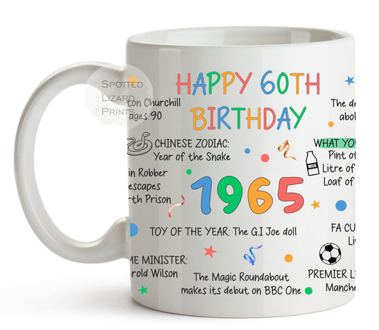 60th Birthday Mug – Born in 1965 Facts – Back in 1965 – Unique Gift for 60th Birthday – 60 Keepsake Mug for Him, Her, Friend, Son, Daughter