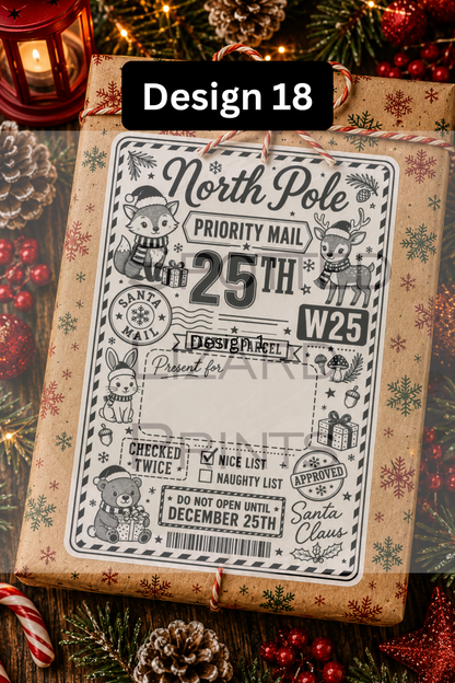 Personalised Christmas Gift Labels | North Pole Priority Mail Parcel Stickers | Blank or Custom Name Christmas Present Labels