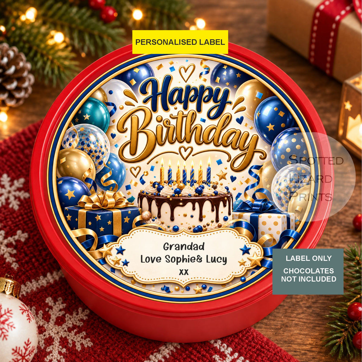 Personalised Birthday Chocolate or Sweet Tub Label | Luxury Blue & Gold Birthday Design | Custom Name & Message Sticker | Birthday Gift