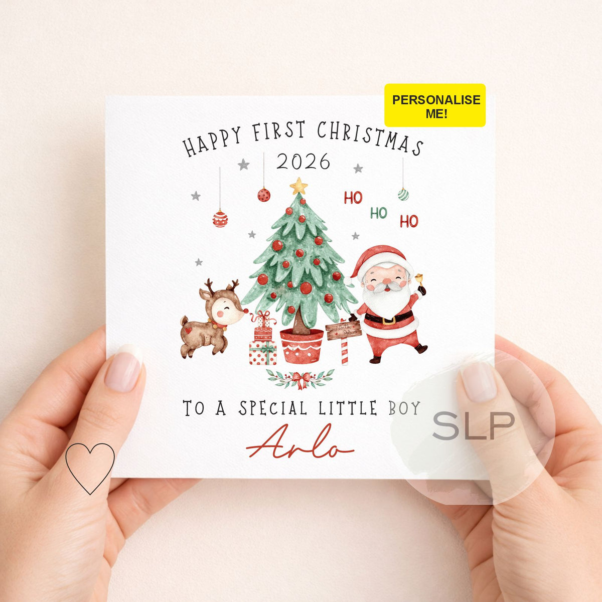 Celebrate his first Christmas with a personalised Christmas card featuring a cute Santa, reindeer and tree. Add your own recipient wording and name.