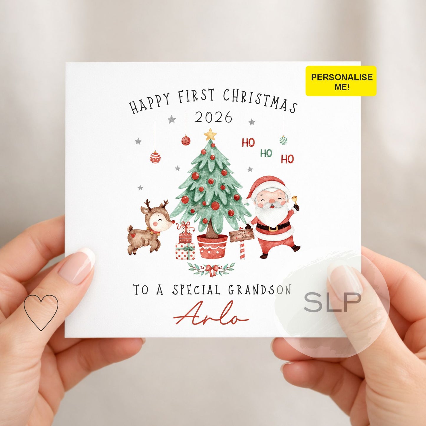 Celebrate his first Christmas with a personalised Christmas card featuring a cute Santa, reindeer and tree. Add your own recipient wording and name.