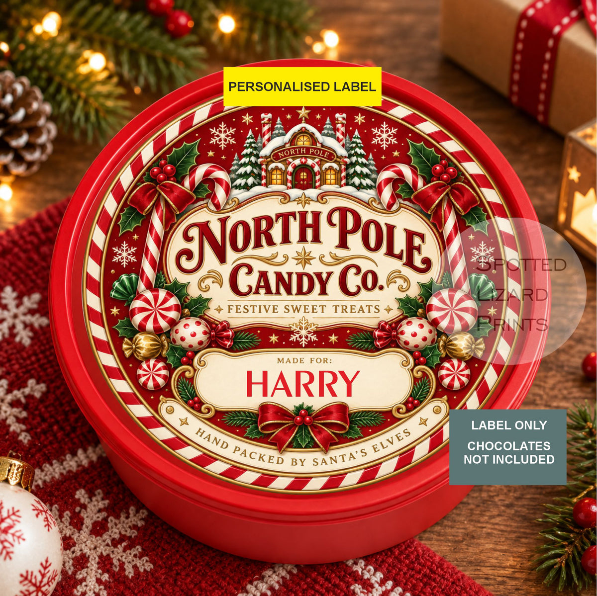 Personalised Christmas Chocolate Tin Label | North Pole Candy Co Sweet Tin Sticker | Santa's Elves Xmas Treat Gift | Christmas Eve Box