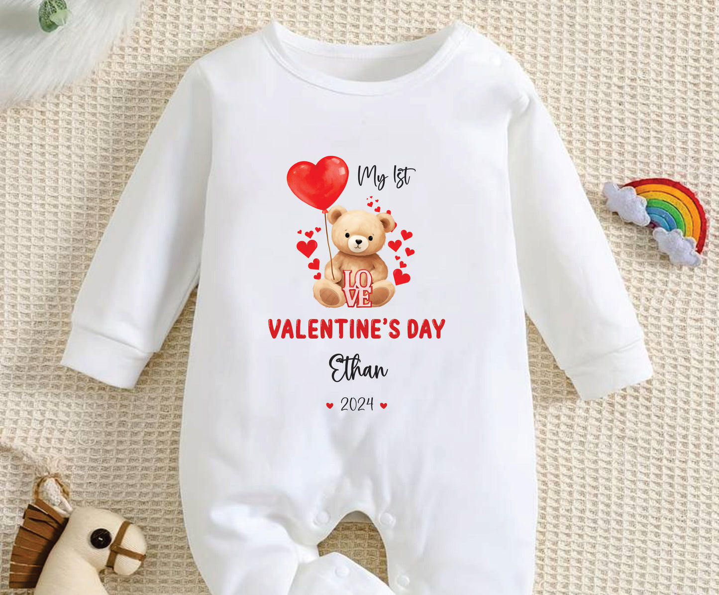 Valentine romper with teddy holding a Balloon