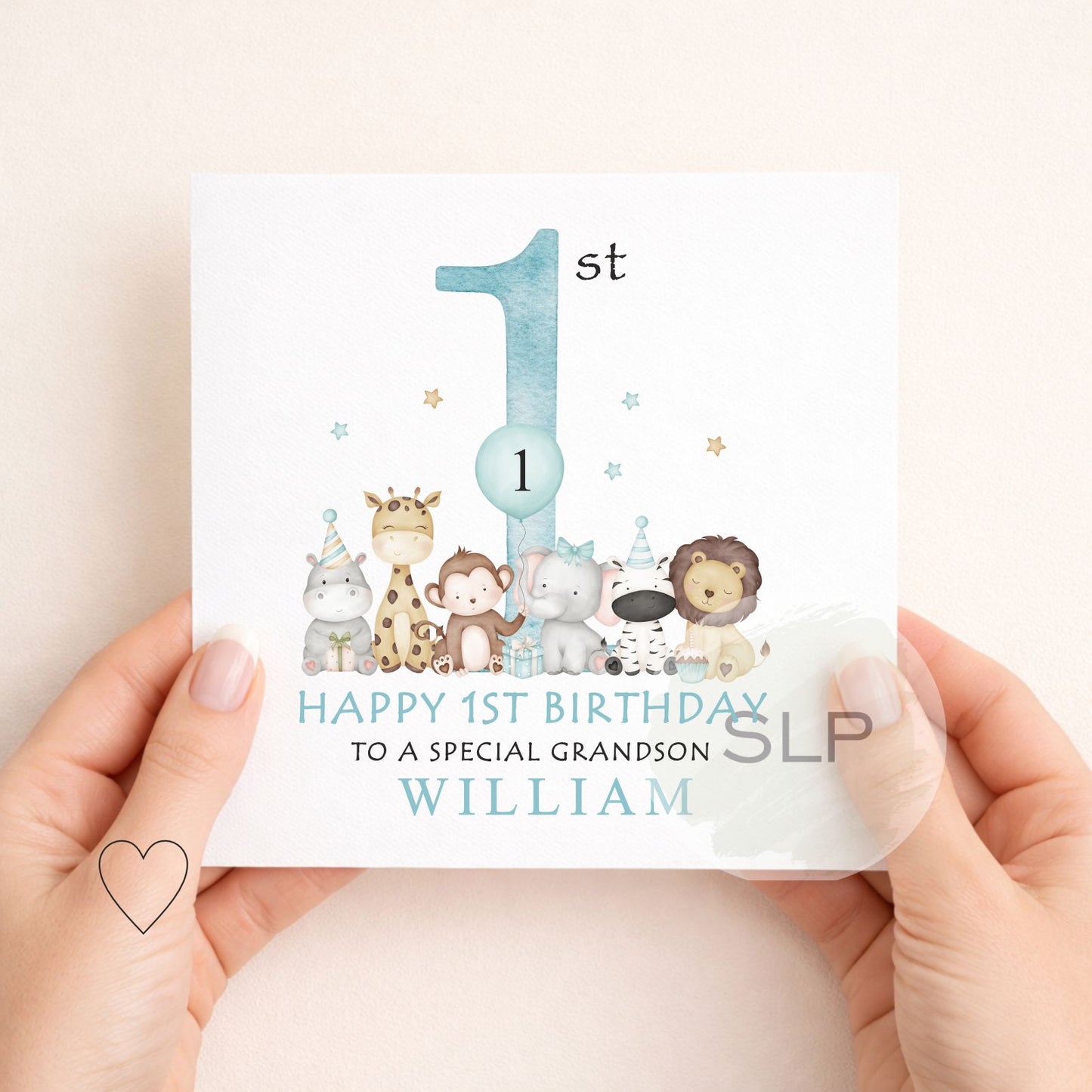 Personalised 1st Birthday Grandson Card – Safari First Birthday Card – Granddaughter Option – Custom Name – Blue or Pink