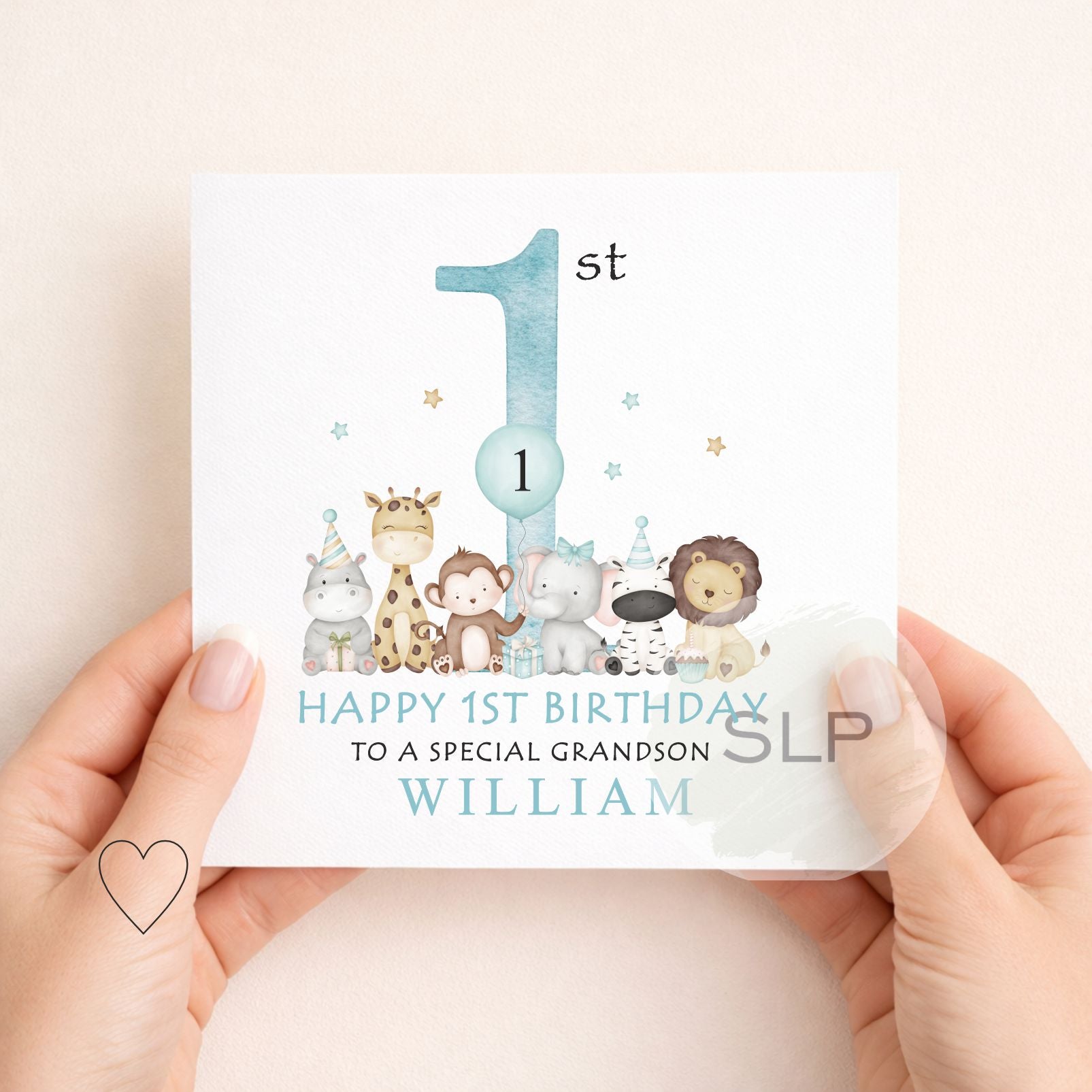 Personalised 1st Birthday Grandson Card – Safari First Birthday Card – Granddaughter Option – Custom Name – Blue or Pink