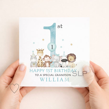 Personalised 1st Birthday Grandson Card – Safari First Birthday Card – Granddaughter Option – Custom Name – Blue or Pink