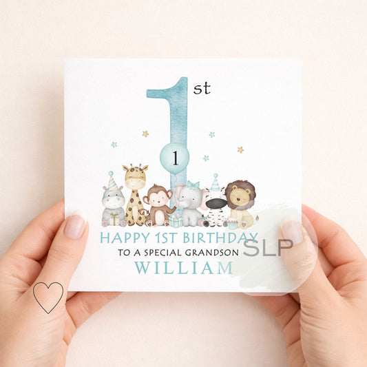 Personalised 1st Birthday Grandson Card – Safari First Birthday Card – Granddaughter Option – Custom Name – Blue or Pink