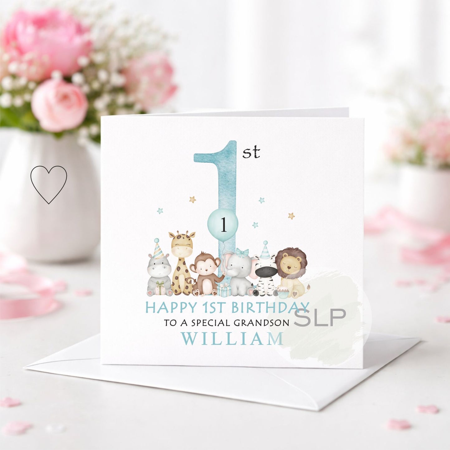 Personalised 1st Birthday Grandson Card – Safari First Birthday Card – Granddaughter Option – Custom Name – Blue or Pink