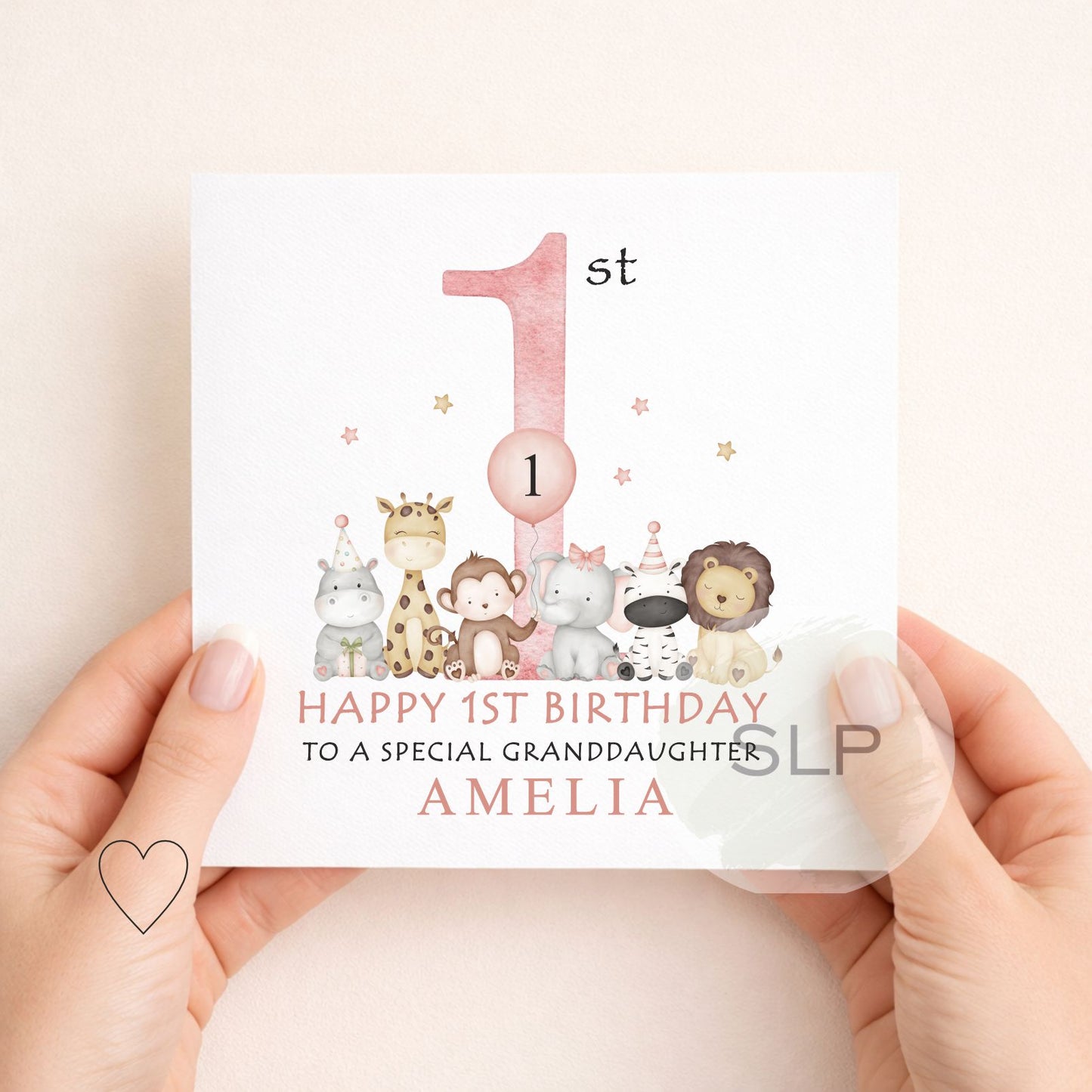 Personalised 1st Birthday Grandson Card – Safari First Birthday Card – Granddaughter Option – Custom Name – Blue or Pink