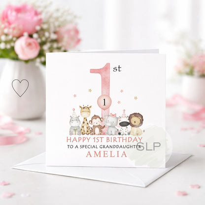 Personalised 1st Birthday Grandson Card – Safari First Birthday Card – Granddaughter Option – Custom Name – Blue or Pink