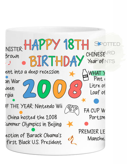 Born in 2008 Facts – 18th Birthday Mug – Born in 2008 Facts – Back in 2008 – Unique Gift for 18th Birthday – 18 Keepsake Mug for Him, Her, Friend, Son, Daughter