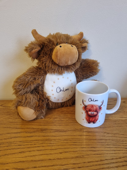 Personalised Highland Cow Gift set. Unique Hand printed Gift for Cow lovers. Highland Cow and Mug