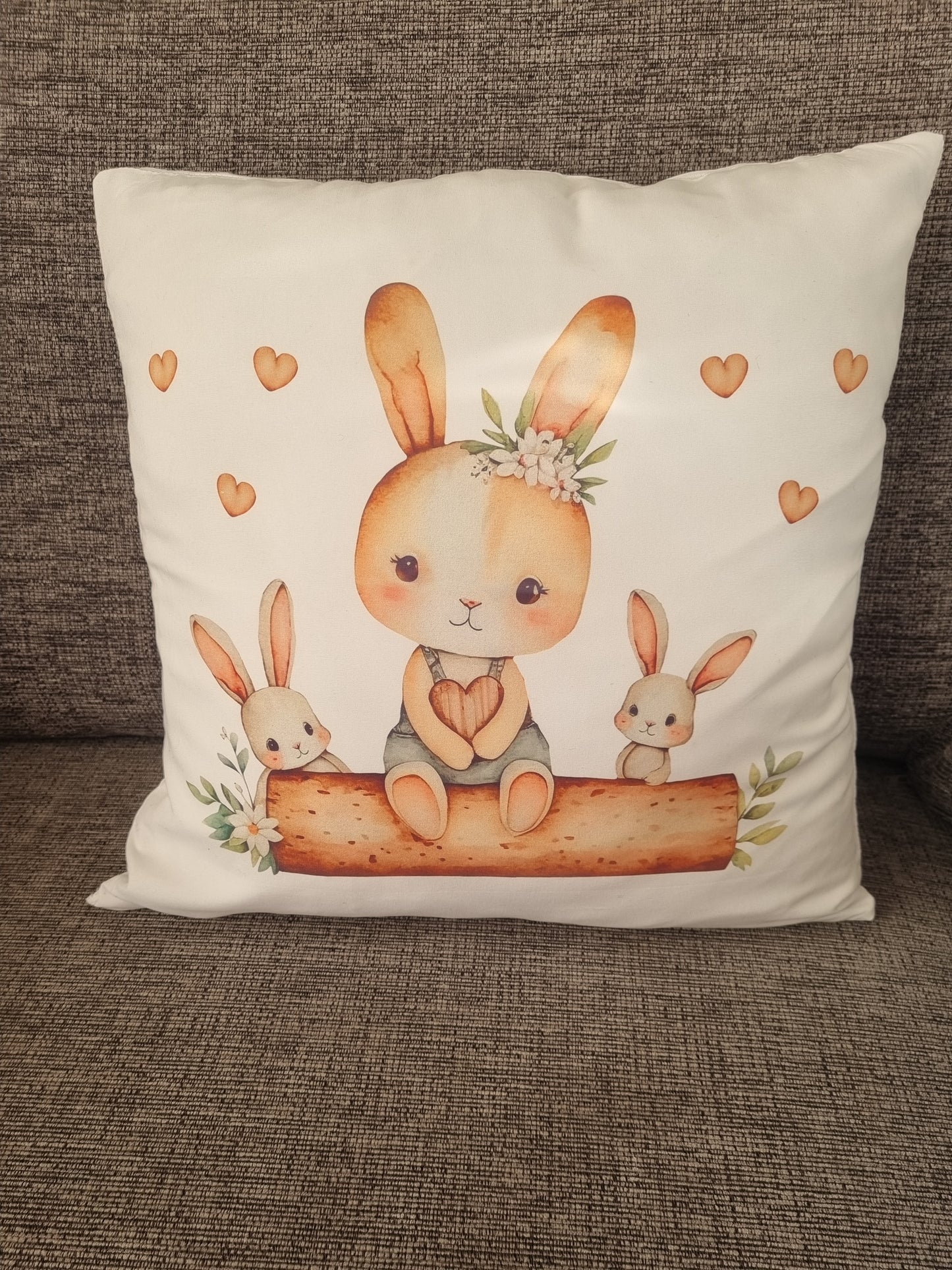 Personalised Cushion with Soft Toy. Unique Hand printed Gift for Easter. Rabbit and Pillow both personalised.