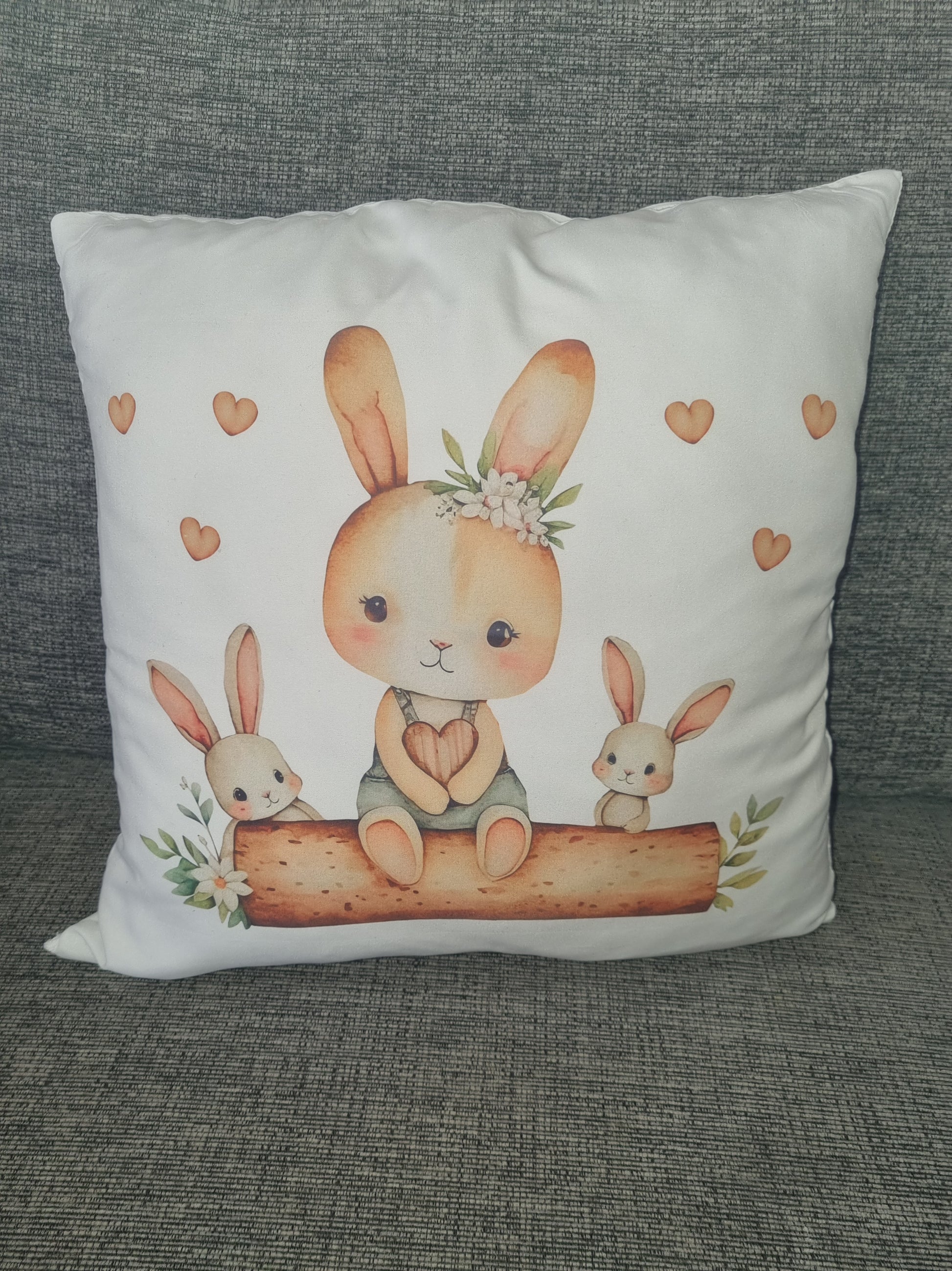 Personalised Cushion with Soft Toy. Unique Hand printed Gift for Easter. Rabbit and Pillow both personalised.