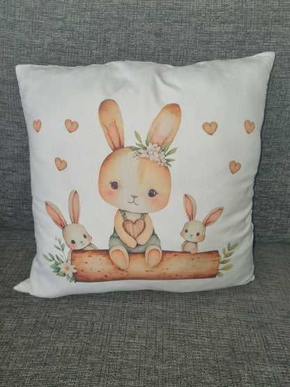 Personalised Cushion with Soft Toy. Unique Hand printed Gift for Easter. Rabbit and Pillow both personalised.