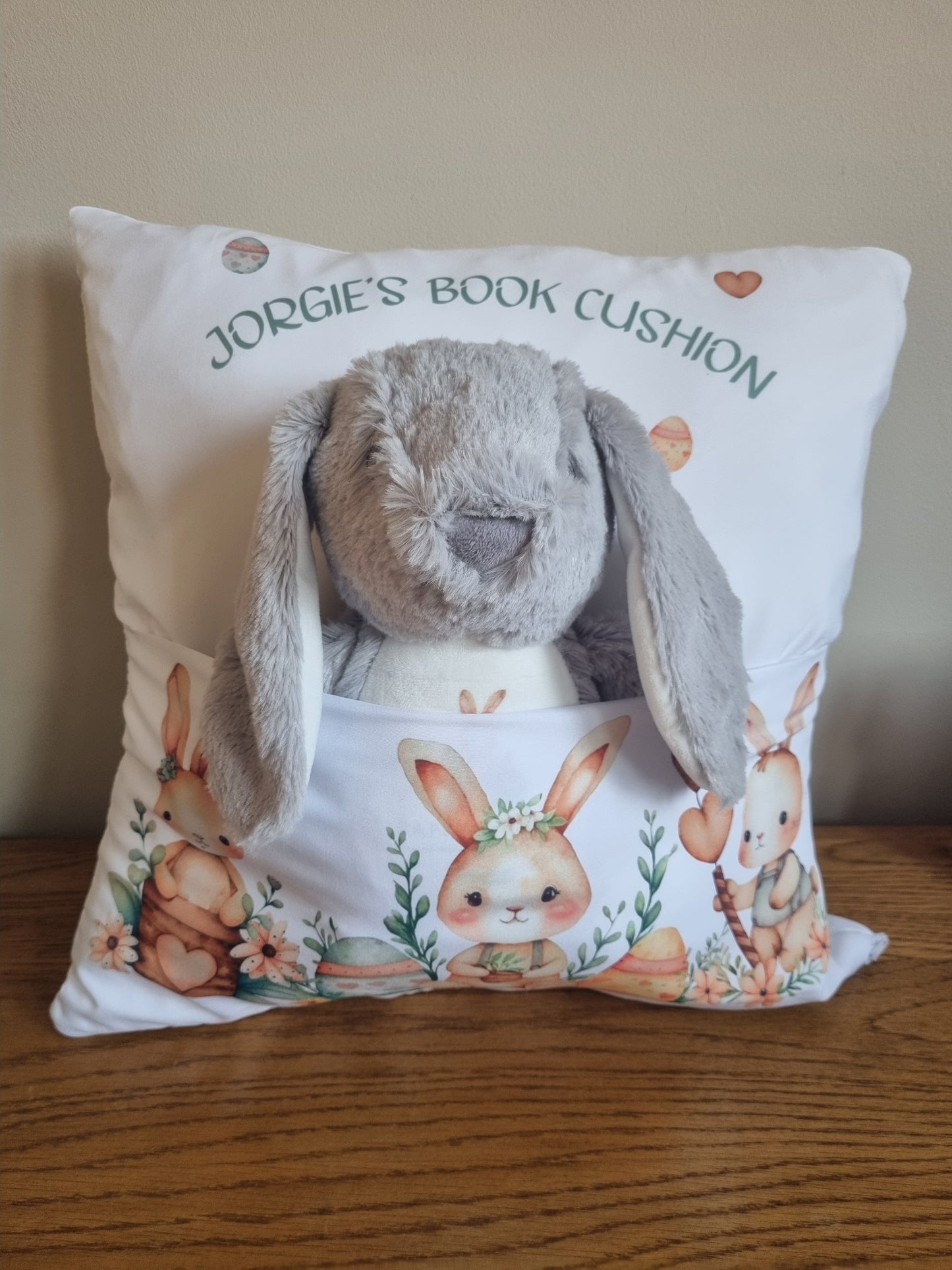 Personalised Cushion with Soft Toy. Unique Hand printed Gift for Easter. Rabbit and Pillow both personalised.