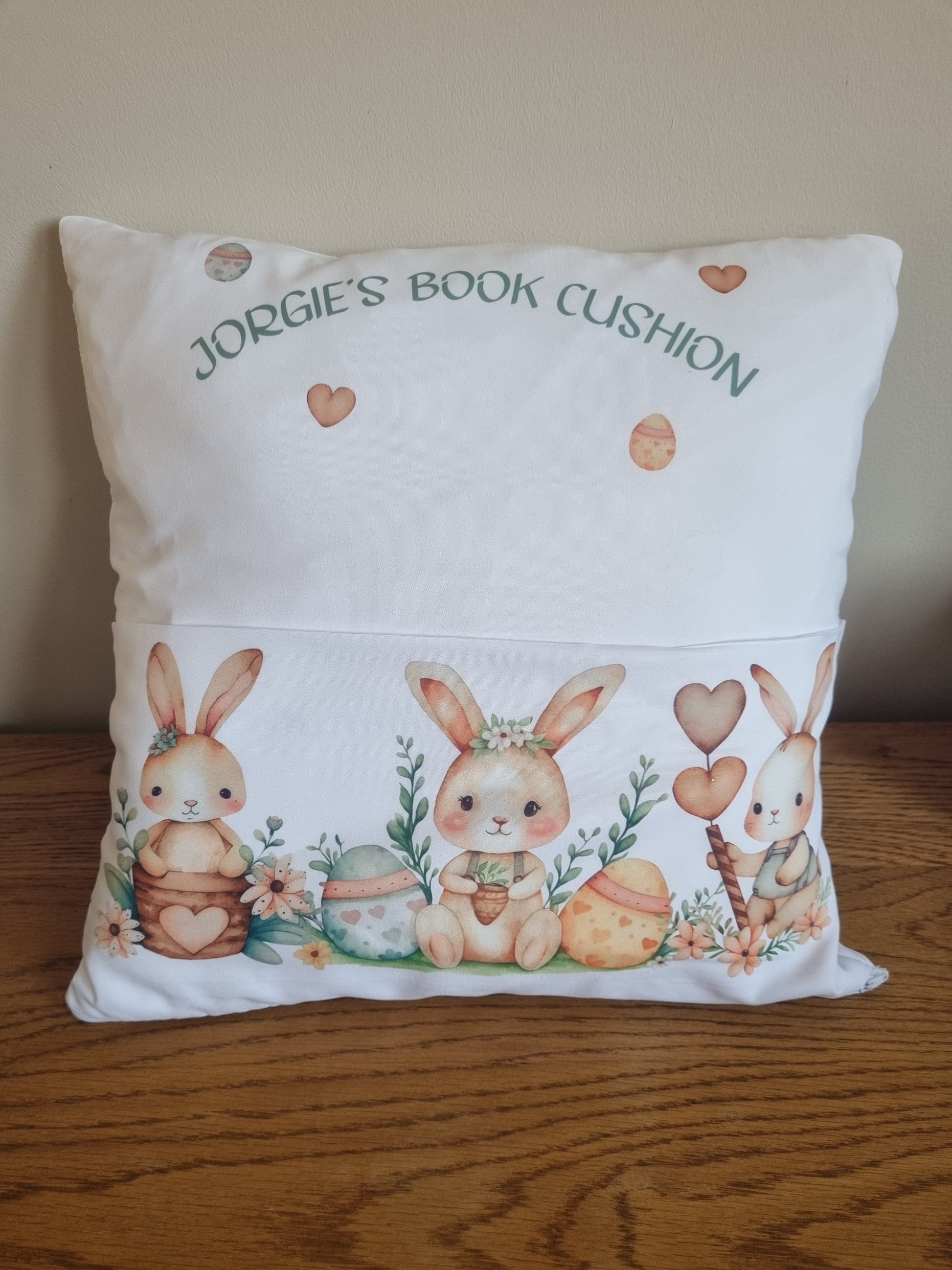 Personalised Cushion with Soft Toy. Unique Hand printed Gift for Easter. Rabbit and Pillow both personalised.