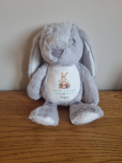 Personalised Cushion with Soft Toy. Unique Hand printed Gift for Easter. Rabbit and Pillow both personalised.