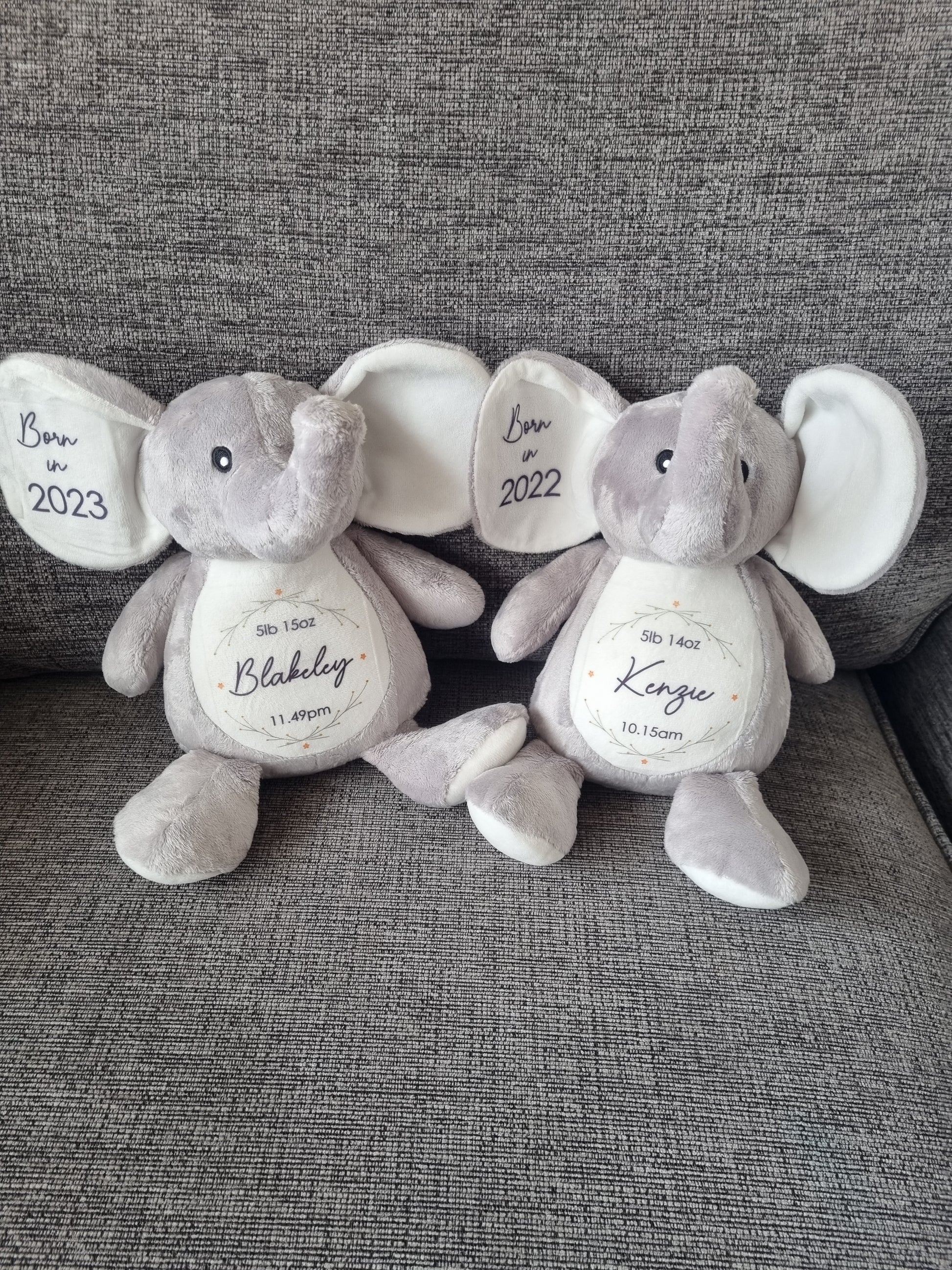 Personalised new Baby Soft Toy. Unique Hand printed Elephant. Gift for new born Baby