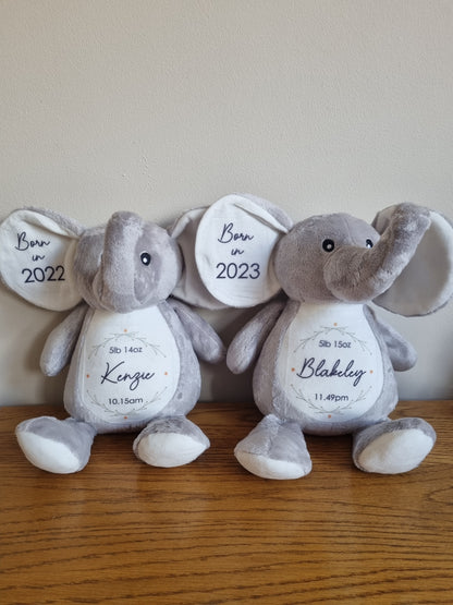 Personalised new Baby Soft Toy. Unique Hand printed Elephant. Gift for new born Baby