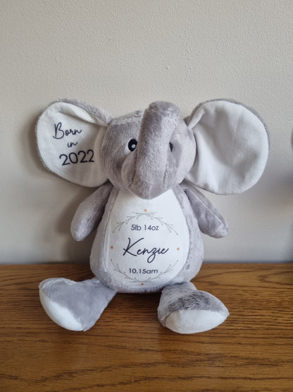 Personalised new Baby Soft Toy. Unique Hand printed Elephant. Gift for new born Baby