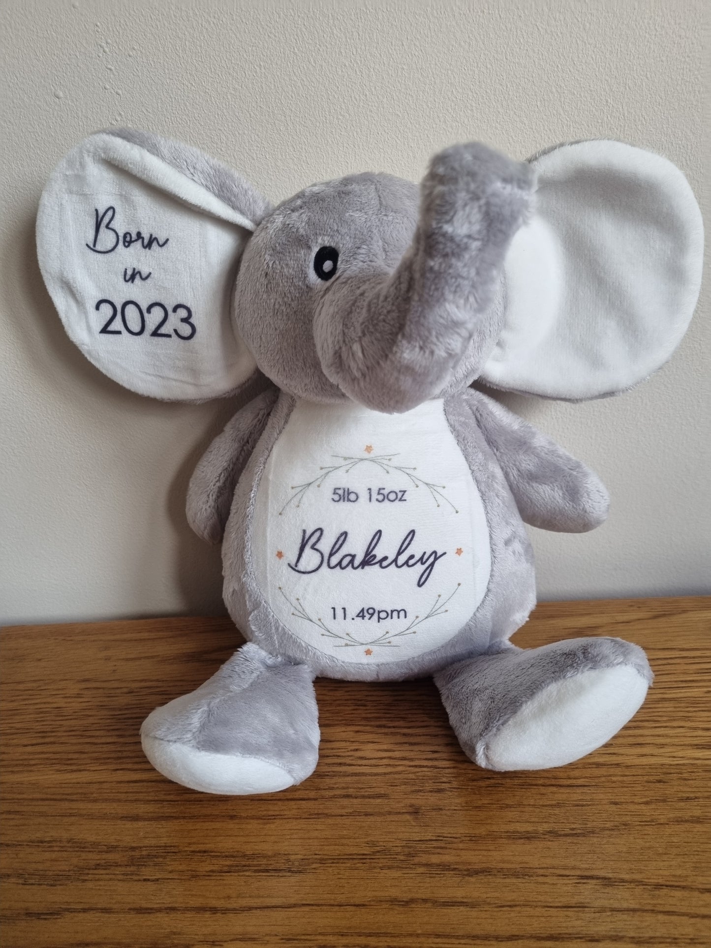 Personalised new Baby Soft Toy. Unique Hand printed Elephant. Gift for new born Baby