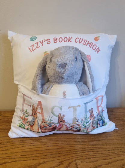 easter reading cushion with personalised soft toy