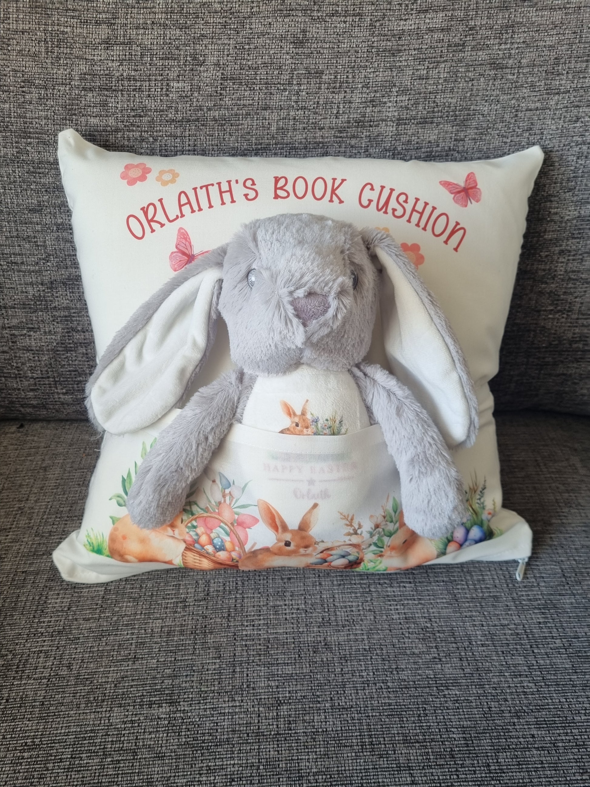 personalised easter pillow with personalised rabbit soft toy