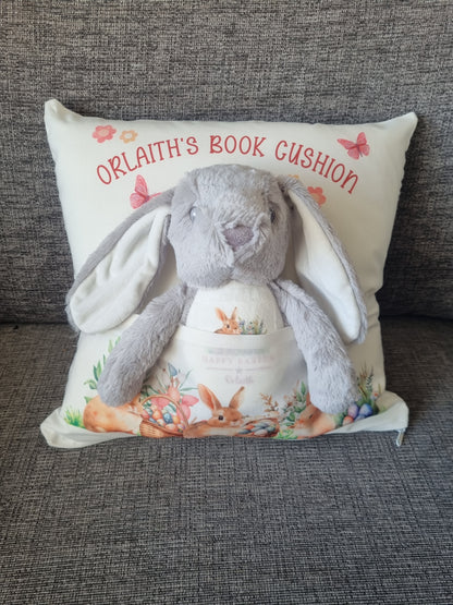 personalised easter pillow with personalised rabbit soft toy