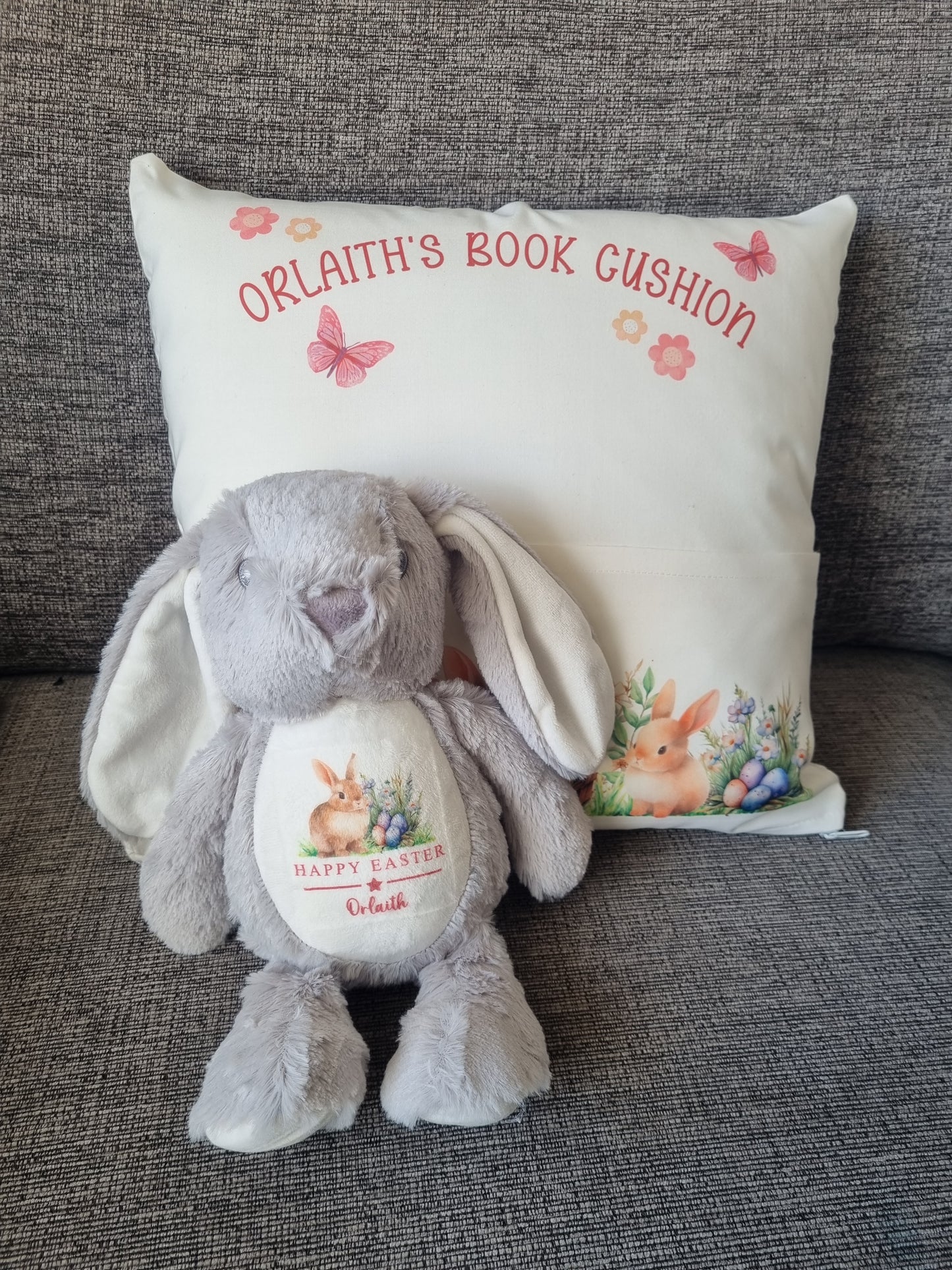 easter pillow with personalised rabbit soft toy