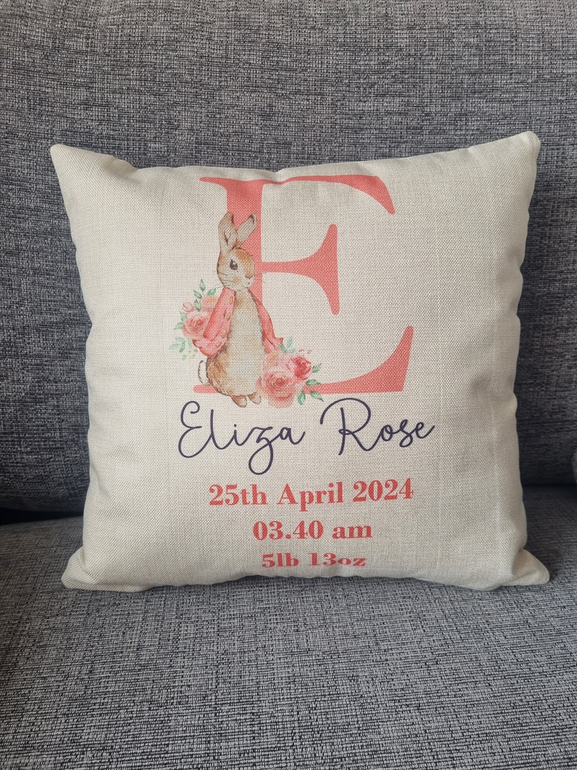 personalised cushion for new born baby with peter rabbit