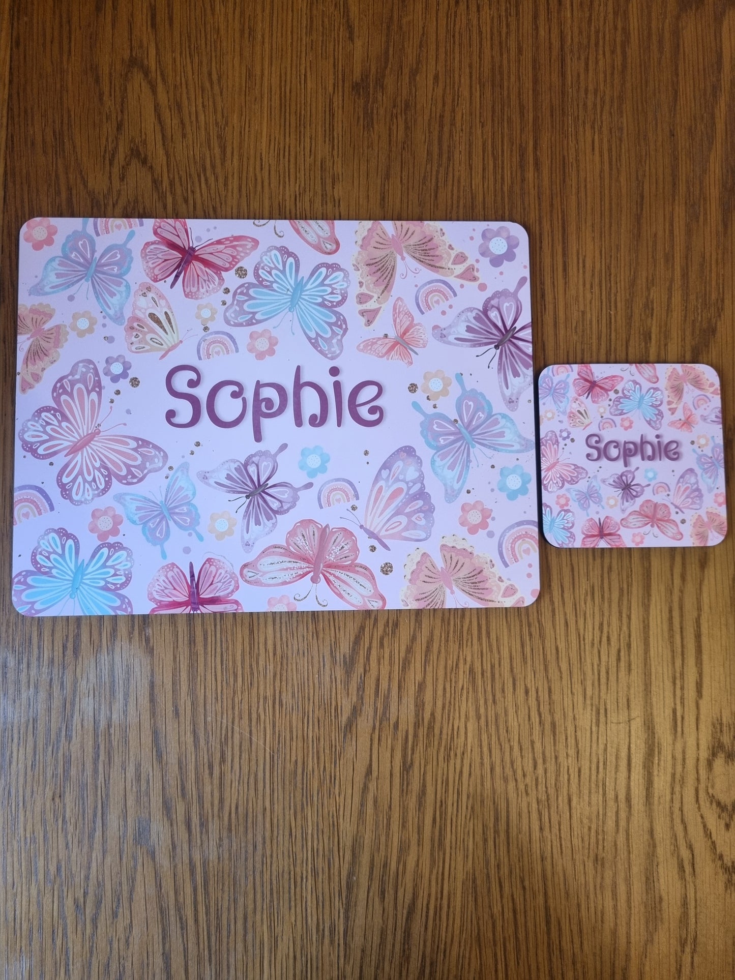 Personalised childrens butterfly placemat and coaster gift set