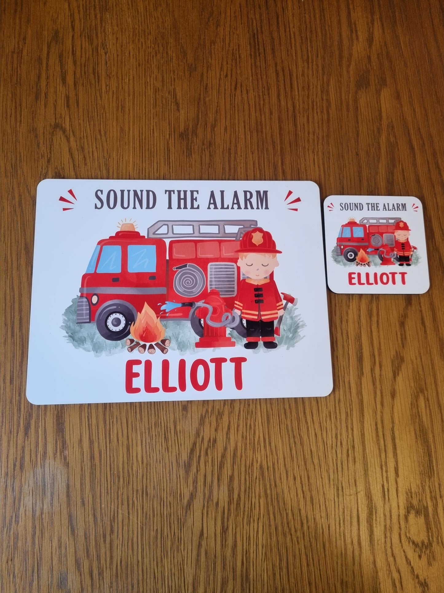 personalised fire engine placemat and coaster