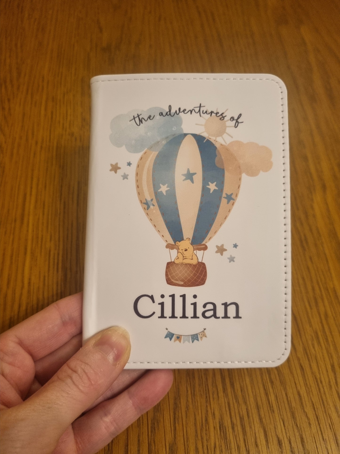 cover for children's passport personalised with a hot air balloon