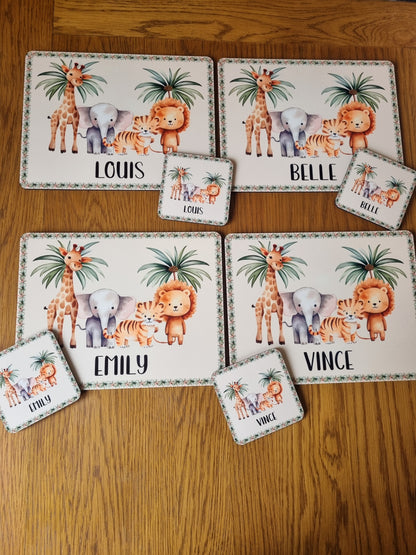 Personalised Safari Placemat and Coaster Set, Kid's Dinner Set, Safari gift, Children's Birthday Gift, Safari Placemat