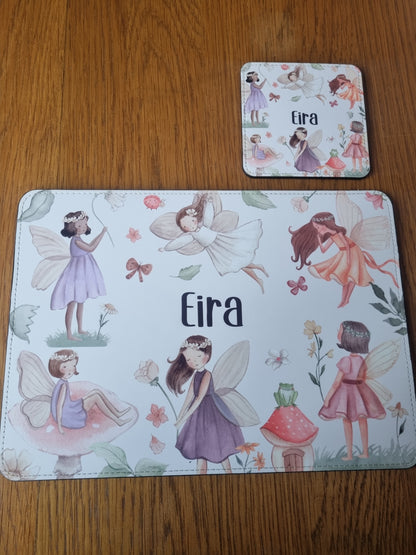 Personalised Spring Fairies Placemat and Coaster Set, Kid's Dinner Set, Fairies gift, Children's Birthday Gift, Fairies Placemat