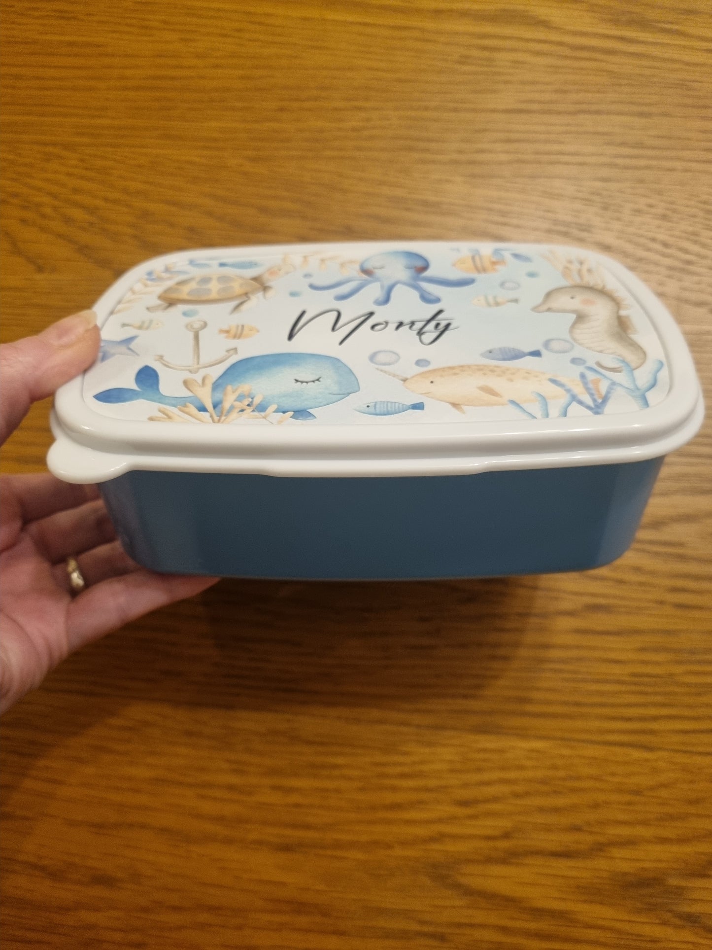 Blue Lunch Box. Personalised with a name. Sea creature themed. Unique Gift