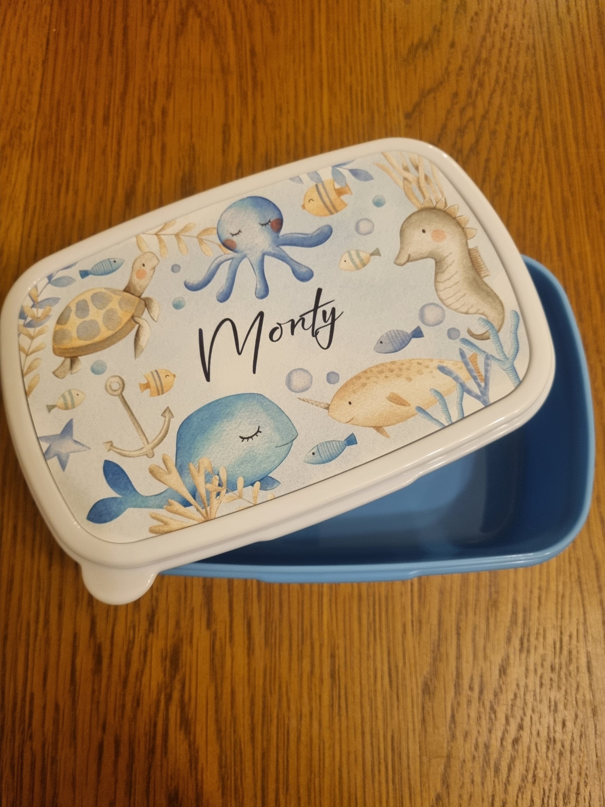 Blue lunch box. Gift for kids going to school. personalised lunch box