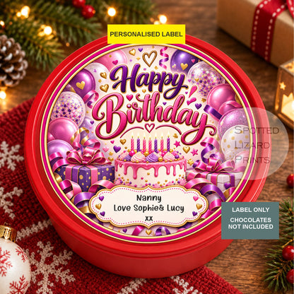 Personalised Happy Birthday Chocolate or Sweet Tub Label | Pink & Purple Birthday Gift | Custom Name & Message | Mum, Nan, Nanny, Grandma