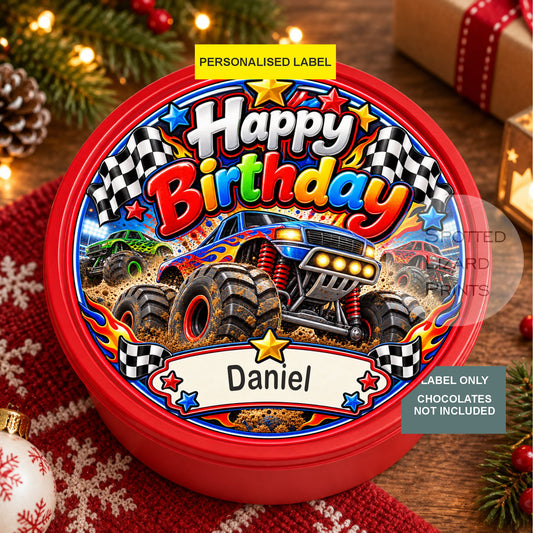 Personalised Monster Truck Birthday Chocolate or Sweet Tub Label | Racing Car Birthday Gift | Custom Name Sticker | Boys Birthday